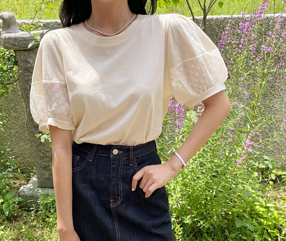 ドットチェックスリーブTシャツ・全3色・b64685 レディース 【tops】韓国ファッション トップス Tシャツ チェック ドット パターン ガーリー 半袖 異素材 ラウンドネック ベーシック かわいい シンプル スリム ルーズ ゆったり 春 夏 NIJU