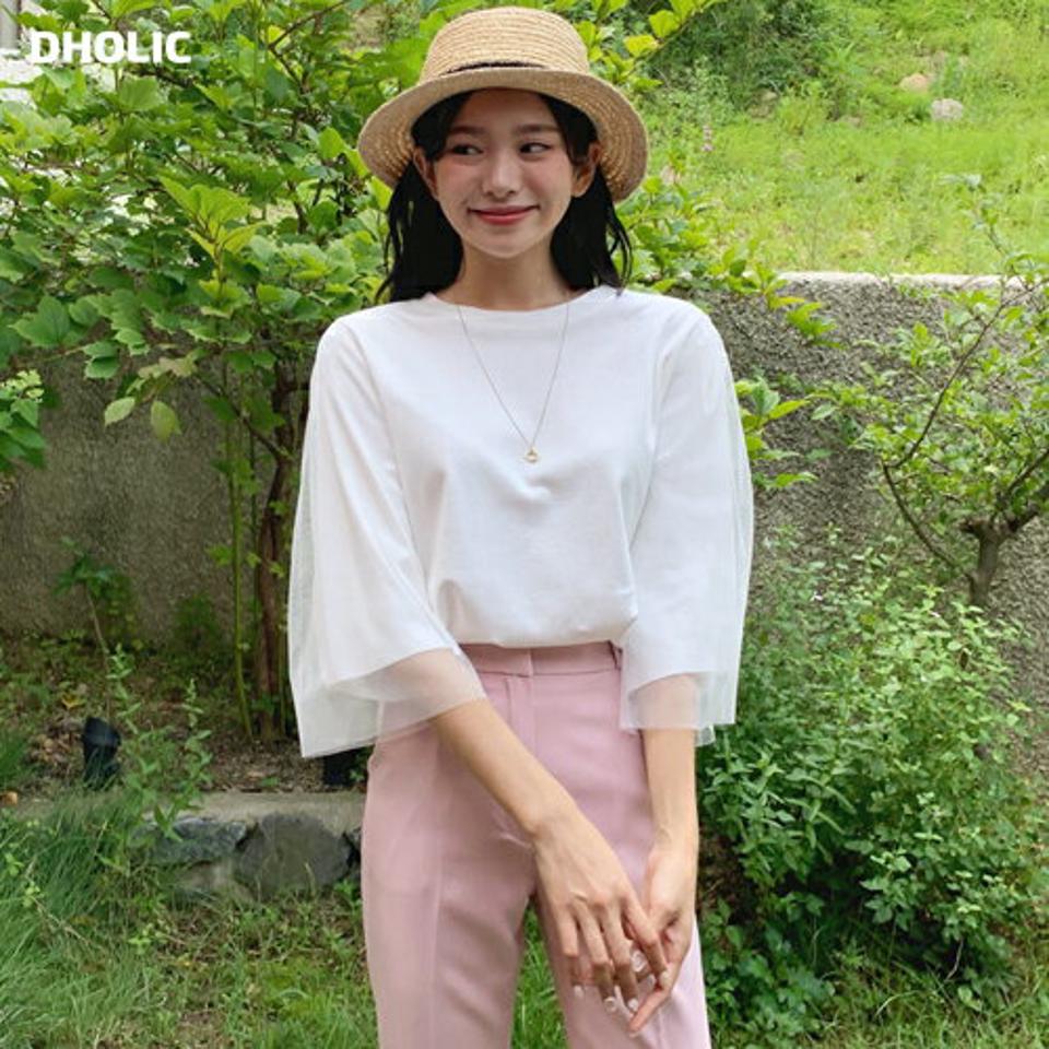 メッシュスリーブTシャツ・全4色・b64687 レディース 【tops】韓国 ファッション トップス Tシャツ 長袖 デイリー メッシュデザイン ラウンドネック ベーシック かわいい シンプル スリム ルーズ ゆったり 春 夏 NIJU