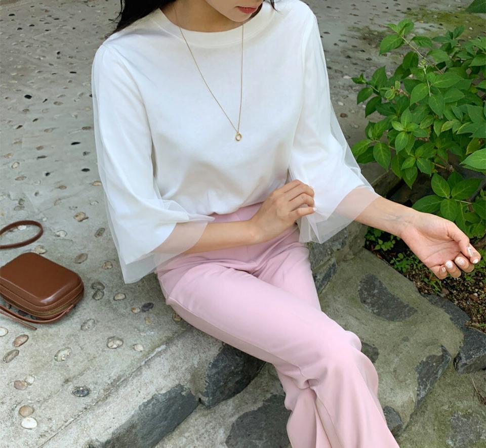 メッシュスリーブTシャツ・全4色・b64687 レディース 【tops】韓国 ファッション トップス Tシャツ 長袖 デイリー メッシュデザイン ラウンドネック ベーシック かわいい シンプル スリム ルーズ ゆったり 春 夏 NIJU