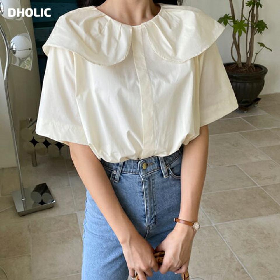 タックラウンドカラーブラウス・全2色・b64688 レディース 【bl】韓国 ファッション トップス ブラウス 半袖 ガーリー ラウンドカラーネック ラウンドネック 体型カバー 細身 カジュアル ルーズ ゆったり 春 夏 NIJU