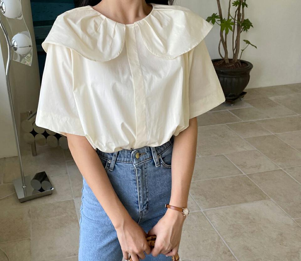 タックラウンドカラーブラウス・全2色・b64688 レディース 【bl】韓国 ファッション トップス ブラウス 半袖 ガーリー ラウンドカラーネック ラウンドネック 体型カバー 細身 カジュアル ルーズ ゆったり 春 夏 NIJU