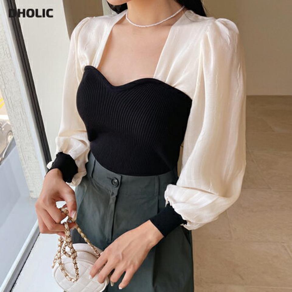 ニットコントラストブラウス・全2色・t64693 レディース 【bl】韓国 ファッション トップス ブラウス リブ ニット 異素材 ハートネック 首元 長袖 フェミニン 体型カバー 細身 シンプル ガーリー カジュアル 春 夏 NIJU