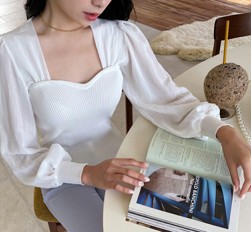 ニットコントラストブラウス・全2色・t64693 レディース 【bl】韓国 ファッション トップス ブラウス リブ ニット 異素材 ハートネック 首元 長袖 フェミニン 体型カバー 細身 シンプル ガーリー カジュアル 春 夏 NIJU