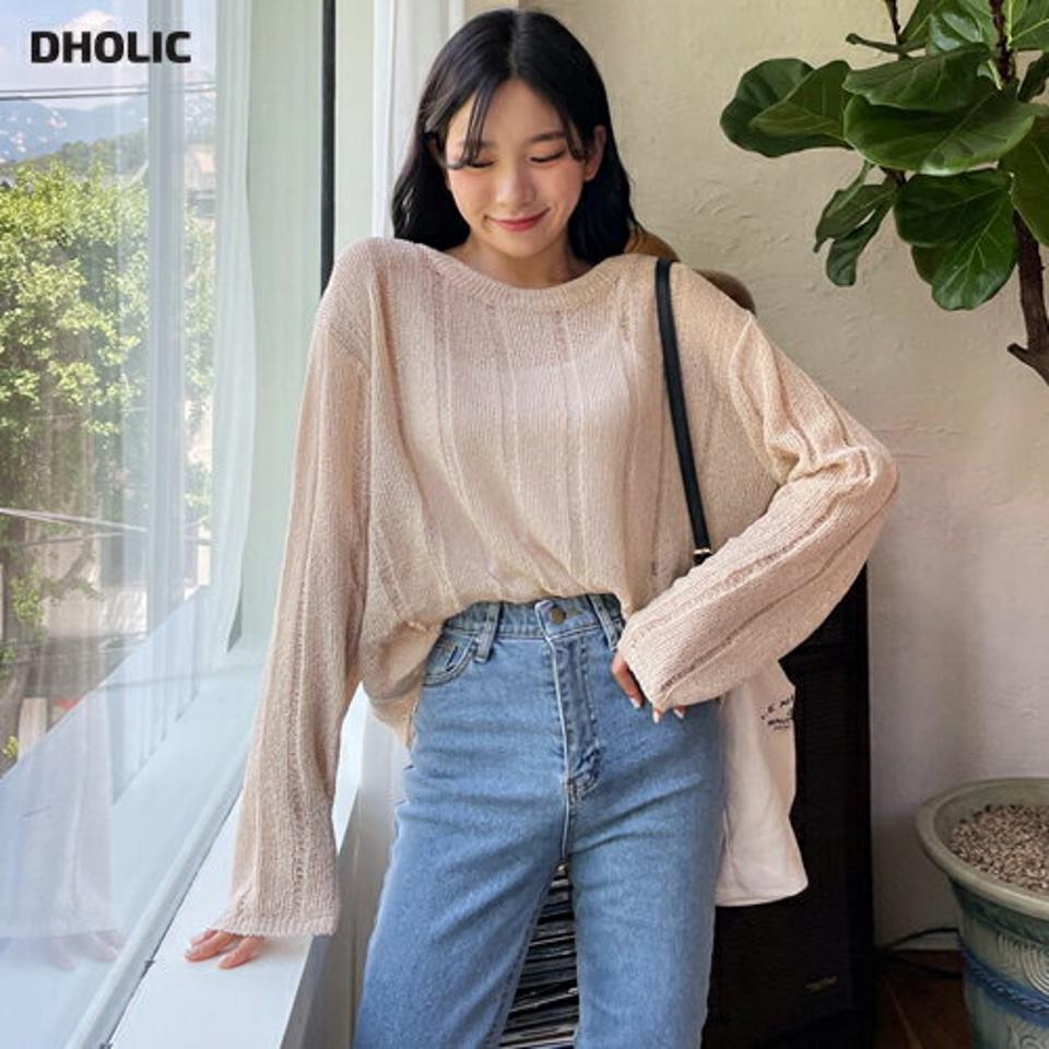 シアーラインニット・全4色・t64702 レディース 【tops】韓国 ファッション トップス ニット 長袖 カジュアル 透け感 クロップド丈 ラウンドネック 細身 体型カーバー ガーリー デイリー 春 夏 NIJU