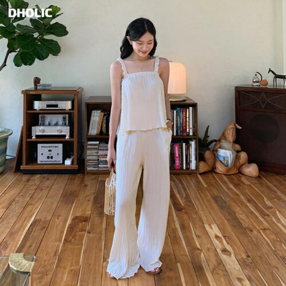 リンクルゴムスリーブレス&パンツSET・全3色・t64708 レディース 【pt】韓国 ファッション ボトムス パンツ ロング ロングパンツ セット スリーブレス ベーシック リンクル ルーズ ゆったり ワイド ゴム ストリング 美脚 足長 細身 着痩せ 春 夏 NIJU