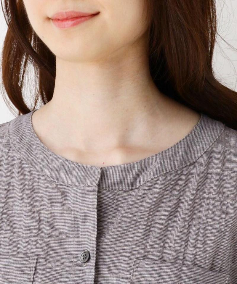 千鳥格子柄ノーカラーシャツワンピース