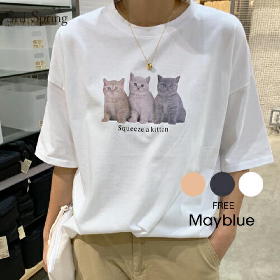 mayblue(メイブルー)猫プリントオーバーサイズTシャツ【8/2up_ka】【メール便】韓国 韓国ファッション　レディースファッション 韓国ファッション トップス Tシャツ オーバーサイズ プリント ゆったり クルーネックレディース ファッション【7】
