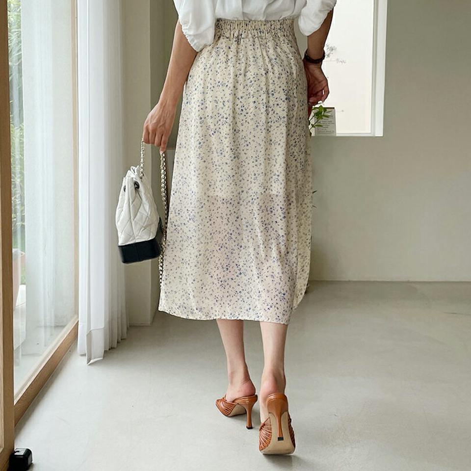 花柄Aラインスカート・全3色・b62561 レディース 【sk】韓国 ファッション ボトムス スカート ロング ロングスカート Aライン 花柄 フラワー パターン フェミニン シフォン ゴム フレア 細身 足長 体型カバー 夏 春