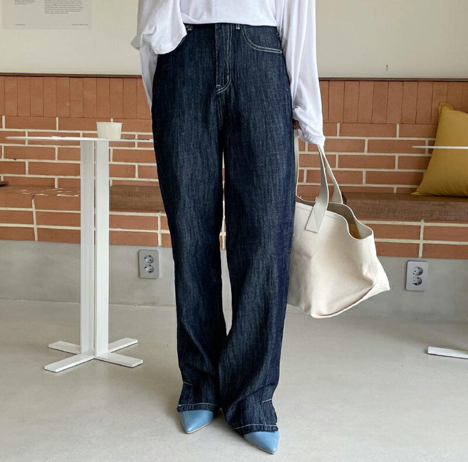 スリットワイドデニムパンツ・全2色・t62574 レディース 【pt】韓国 ファッション ボトムス ロング ロングパンツ ハイウエスト ワイド デニムパンツ デニム ステッチ セミハイウエスト デイリー ルーズ ゆったり 体型カーバー 細身 足長 着痩せ 夏 春