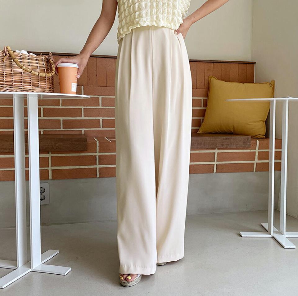 即日配送【只今30%OFF】タックワイドパンツ・全3色・b62559 レディース 【pt】韓国ファッション ボトムス ロング ロングパンツ ハイウエスト ツータック ボリューム ワイド ゴム デイリー ルーズ ゆったり 体型カーバー 細身 足長 着痩せ 夏 春