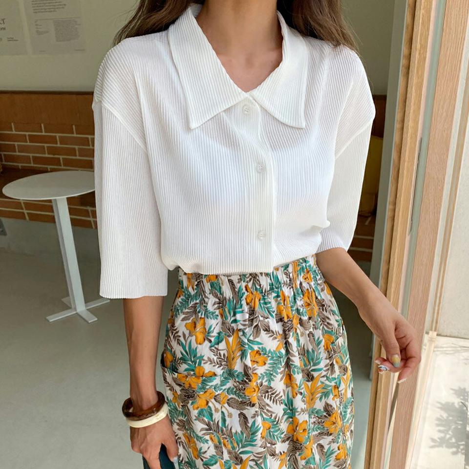 プリーツボタンシャツ・全3色・t62554 レディース 【bl】韓国 ファッション トップス シャツ 半袖 プリーツ ボタン ルーズ ゆったり ドロップショルダー フェミニン 上品 スリム カジュアル 夏 春