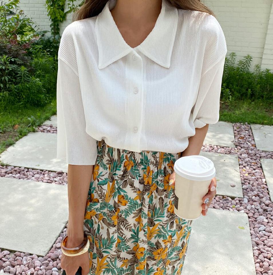 プリーツボタンシャツ・全3色・t62554 レディース 【bl】韓国 ファッション トップス シャツ 半袖 プリーツ ボタン ルーズ ゆったり ドロップショルダー フェミニン 上品 スリム カジュアル 夏 春