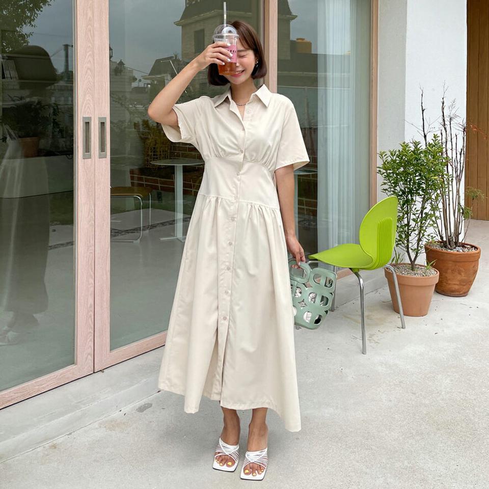 タックシャツワンピース・全3色・t62551 レディース 【ops】韓国ファッション ワンピース ロングワンピース タック 半袖 シャツワンピース ボタン Aライン フレア カジュアル フェミニン 夏 春
