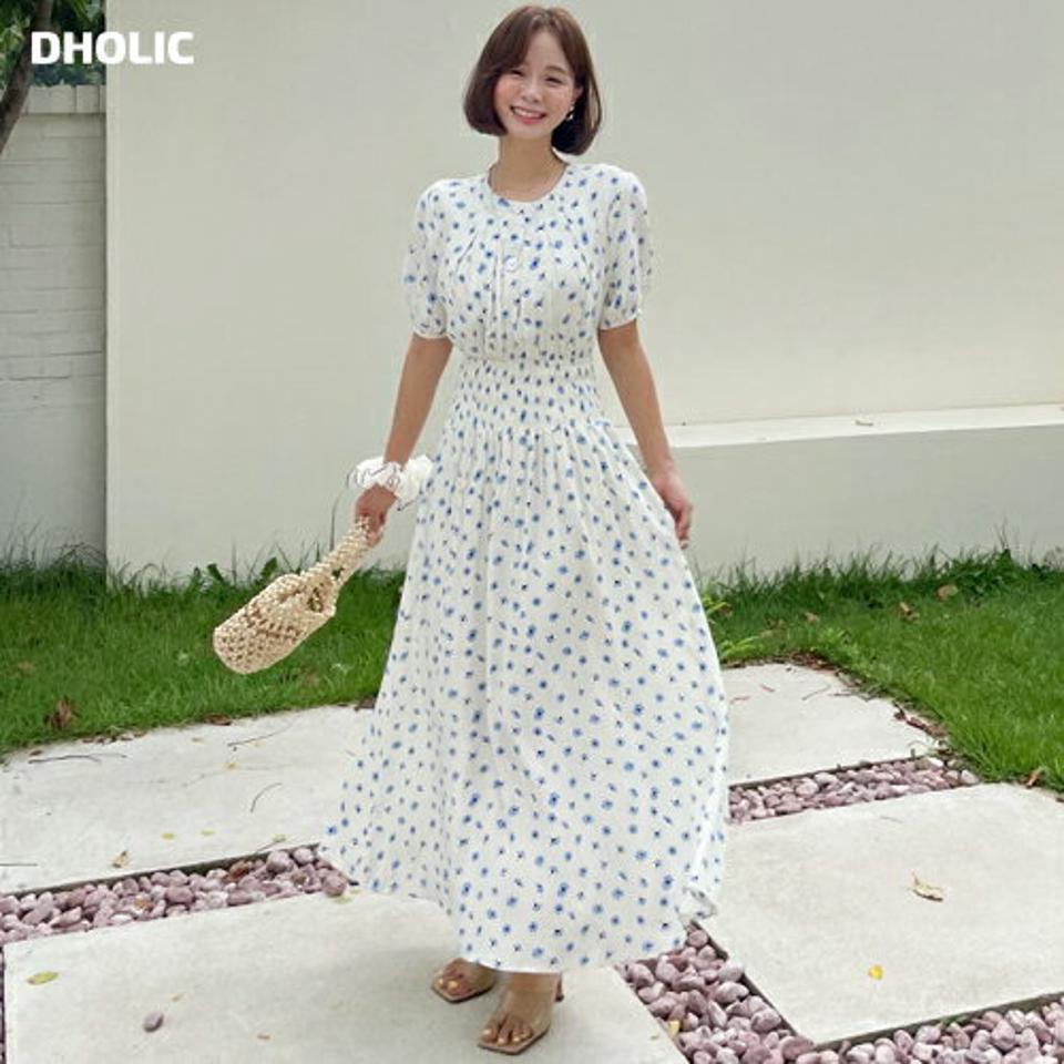 フローラルシャーリングワンピース・全2色・t62549 レディース 【ops】韓国 ファッション ワンピース ロング ロングワンピース 花柄 フラワー パターン 半袖 ワイド シャーリング メリハリ フレア ラウンドネック Aライン カジュアル フェミニン 夏 春