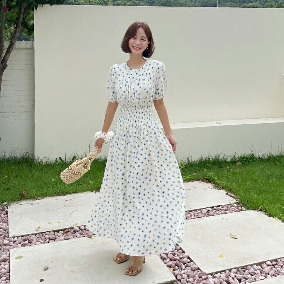 フローラルシャーリングワンピース・全2色・t62549 レディース 【ops】韓国 ファッション ワンピース ロング ロングワンピース 花柄 フラワー パターン 半袖 ワイド シャーリング メリハリ フレア ラウンドネック Aライン カジュアル フェミニン 夏 春