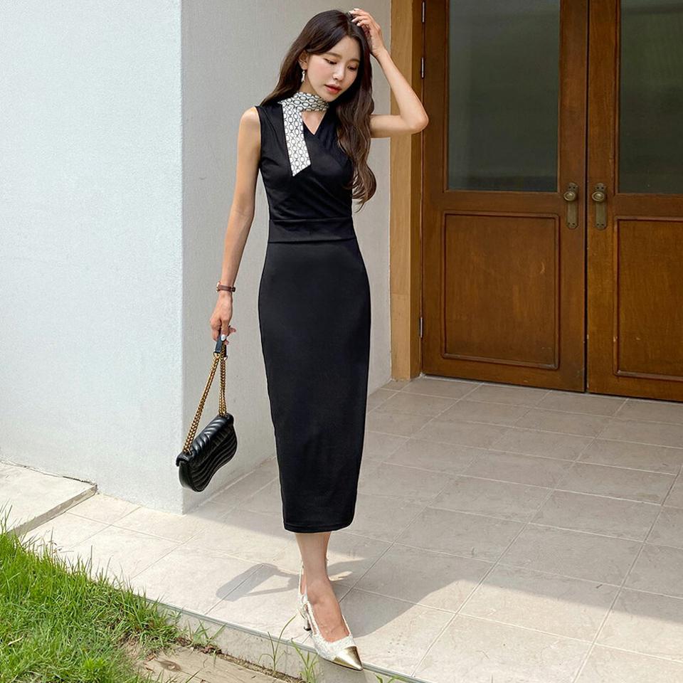 カシュクールノースリワンピース・全3色・b62548 レディース 【ops】韓国 ファッション ワンピース ロング ロングワンピース Vネック カシュクール レーヨン Hライン 着痩せ 華奢見 ノースリーブ スリーブレス フレンチスリーブ カジュアル 夏 春
