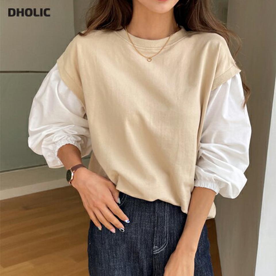 配色スリーブスウェット・全4色・t62539 レディース 【tops】韓国 ファッション トップス スウェット Tシャツ 長袖 配色 ルーズ 秋 異素材 ユニーク カジュアル ラウンドネック ゴム ゆったり 体型カーバー デイリー 春