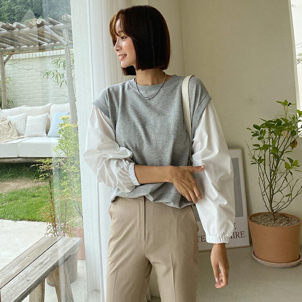 配色スリーブスウェット・全4色・t62539 レディース 【tops】韓国 ファッション トップス スウェット Tシャツ 長袖 配色 ルーズ 秋 異素材 ユニーク カジュアル ラウンドネック ゴム ゆったり 体型カーバー デイリー 春