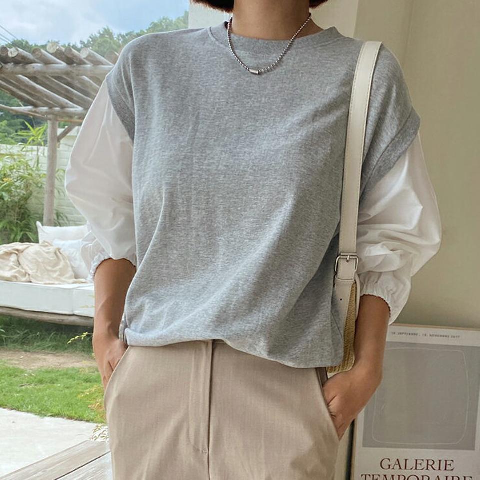 配色スリーブスウェット・全4色・t62539 レディース 【tops】韓国 ファッション トップス スウェット Tシャツ 長袖 配色 ルーズ 秋 異素材 ユニーク カジュアル ラウンドネック ゴム ゆったり 体型カーバー デイリー 春