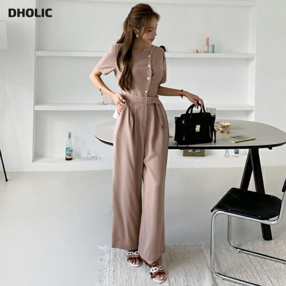ベルトボタンオールインワン・全2色・b69702 レディース 【pt】オールインワン パンツ ズボン ロングパンツ 半袖 ハーフスリーブ ベルト ボタン 単色 無地 シンプル カジュアル 大人 春 夏 韓国 ファッション ハイホリHIHOLLI