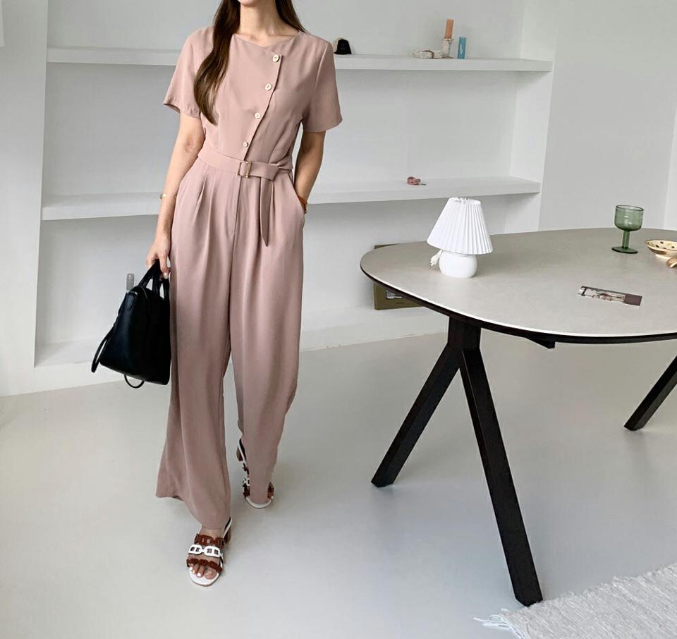 ベルトボタンオールインワン・全2色・b69702 レディース 【pt】オールインワン パンツ ズボン ロングパンツ 半袖 ハーフスリーブ ベルト ボタン 単色 無地 シンプル カジュアル 大人 春 夏 韓国 ファッション ハイホリHIHOLLI