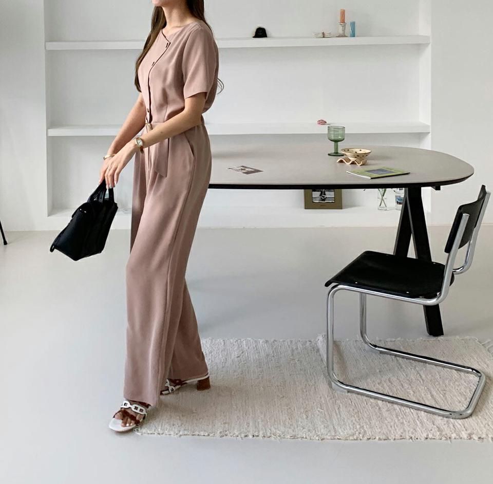 ベルトボタンオールインワン・全2色・b69702 レディース 【pt】オールインワン パンツ ズボン ロングパンツ 半袖 ハーフスリーブ ベルト ボタン 単色 無地 シンプル カジュアル 大人 春 夏 韓国 ファッション ハイホリHIHOLLI