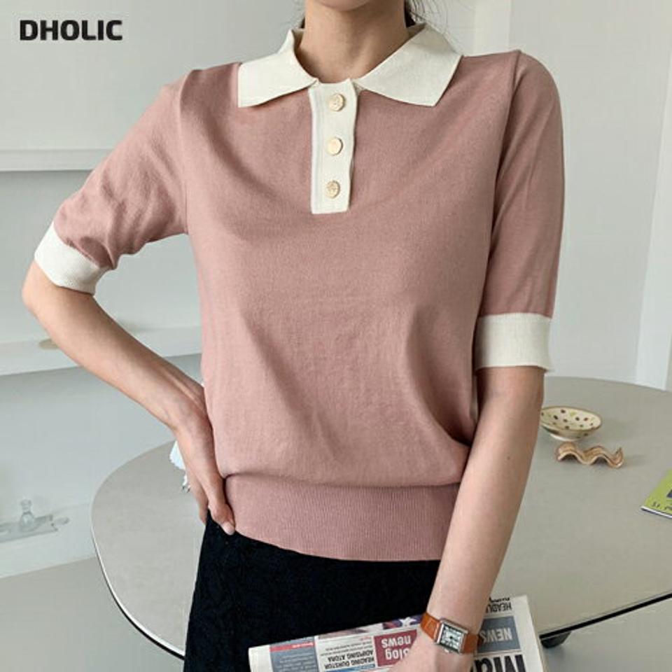 ポロカラー配色ニット・全4色・b69626 レディース 【tops】トップス ニット 半袖 ハーフスリーブ 配色 ポロ襟 配色 大人 モダン ゴールドボタン きれいめ 春 夏 韓国 ファッション ハイホリHIHOLLI