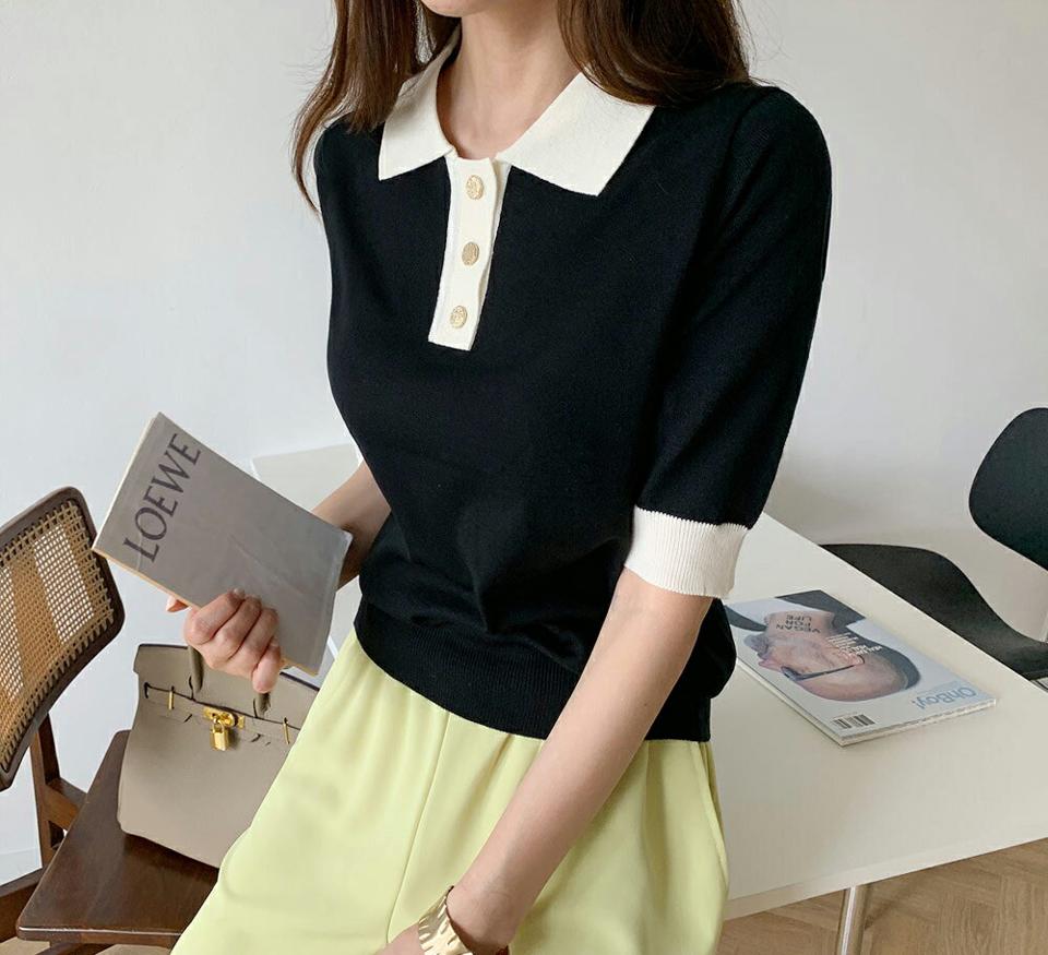 ポロカラー配色ニット・全4色・b69626 レディース 【tops】トップス ニット 半袖 ハーフスリーブ 配色 ポロ襟 配色 大人 モダン ゴールドボタン きれいめ 春 夏 韓国 ファッション ハイホリHIHOLLI