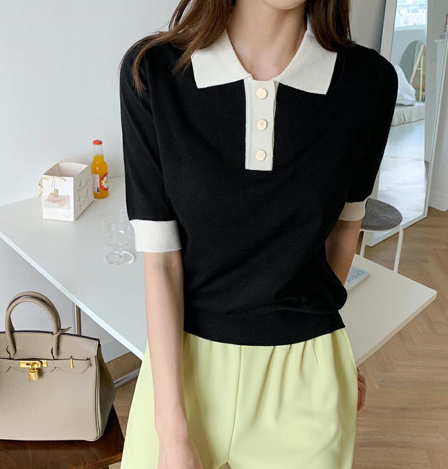 ポロカラー配色ニット・全4色・b69626 レディース 【tops】トップス ニット 半袖 ハーフスリーブ 配色 ポロ襟 配色 大人 モダン ゴールドボタン きれいめ 春 夏 韓国 ファッション ハイホリHIHOLLI