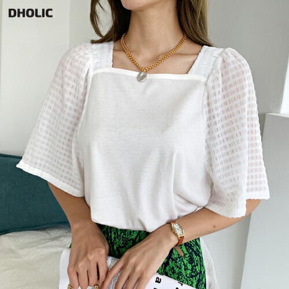 リンクルコントラストTシャツ・全3色・b69705 レディース 【tops】トップス Tシャツ 半袖 ハーフスリーブ コントラスト リンクル スクエアネック 体型カバー フェミニン 大人 春 夏 韓国 ファッション ハイホリHIHOLLI