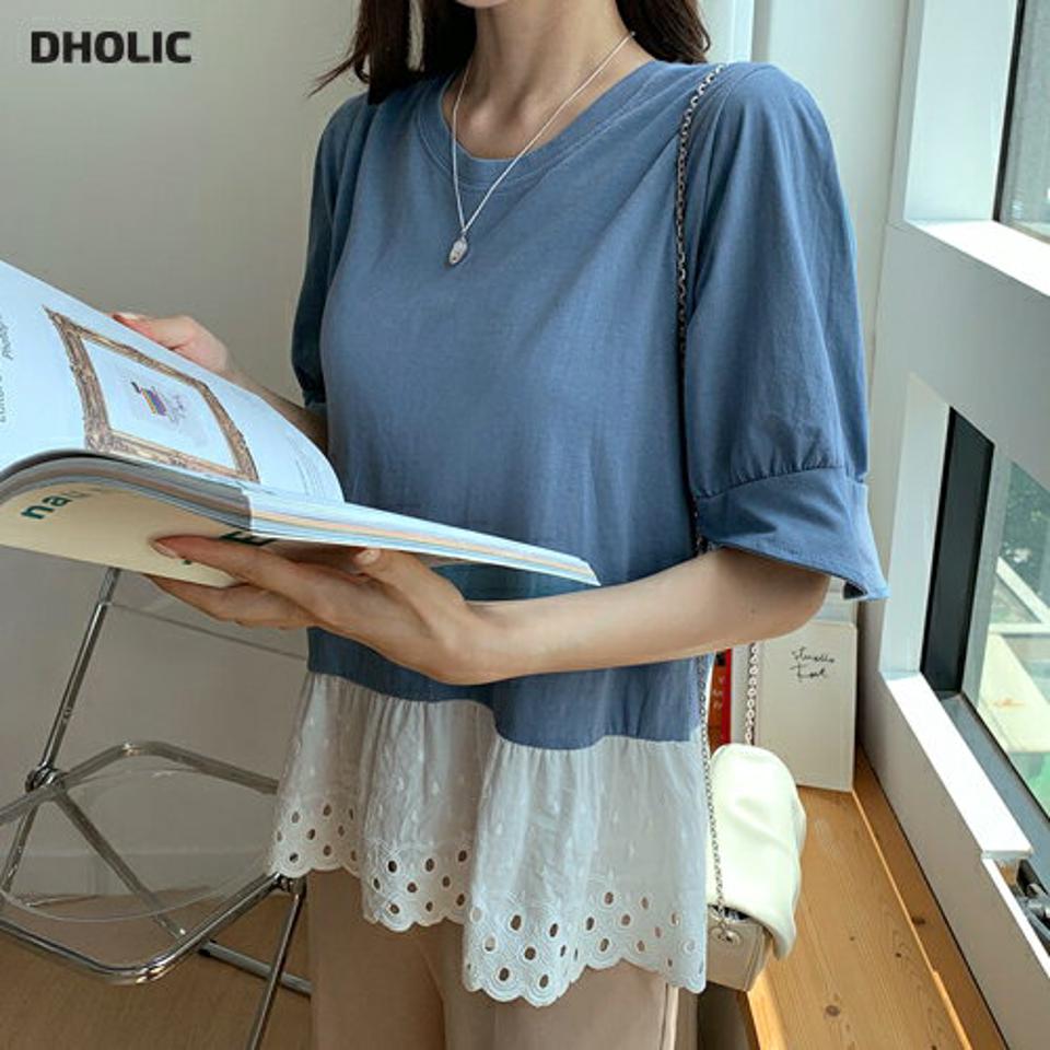 パンチングコントラストカラーTシャツ・全3色・b69700 レディース 【tops】トップス Tシャツ 半袖 ハーフスリーブ コントラスト パンチング ギャザー フェミニン 春 夏 韓国 ファッション ハイホリHIHOLLI