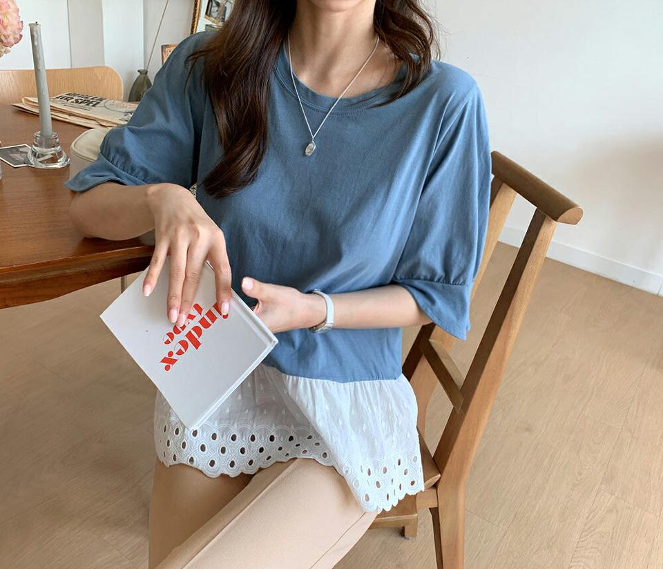 パンチングコントラストカラーTシャツ・全3色・b69700 レディース 【tops】トップス Tシャツ 半袖 ハーフスリーブ コントラスト パンチング ギャザー フェミニン 春 夏 韓国 ファッション ハイホリHIHOLLI
