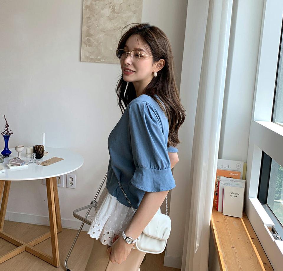 パンチングコントラストカラーTシャツ・全3色・b69700 レディース 【tops】トップス Tシャツ 半袖 ハーフスリーブ コントラスト パンチング ギャザー フェミニン 春 夏 韓国 ファッション ハイホリHIHOLLI