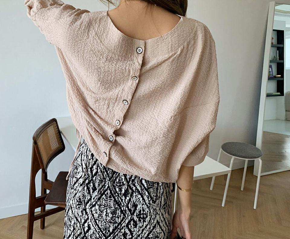 リンクルドロストブラウス・全3色・b69698 レディース 【bl】トップス ブラウス ドロスト リンクル 大人 ストリング 体型カバー ゆったり 半端丈 七分袖 七分丈 7分袖 7分丈 単色 春 秋 韓国 ファッション ハイホリHIHOLLI