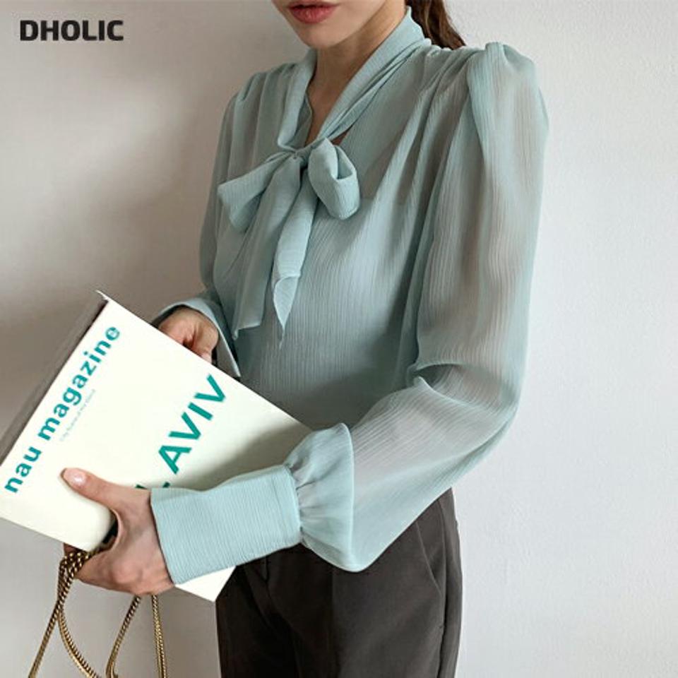 シースルーネックリボンブラウス・全3色・b69617 レディース 【bl】トップス ブラウス 長袖 りぼん シアー シースルー 透け感 フェミニン 大人 可愛い かわいい Vネック 春 秋 韓国 ファッション ハイホリHIHOLLI