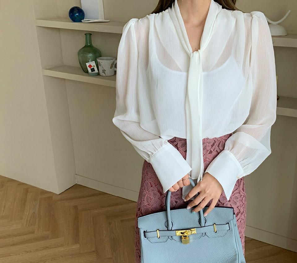 シースルーネックリボンブラウス・全3色・b69617 レディース 【bl】トップス ブラウス 長袖 りぼん シアー シースルー 透け感 フェミニン 大人 可愛い かわいい Vネック 春 秋 韓国 ファッション ハイホリHIHOLLI