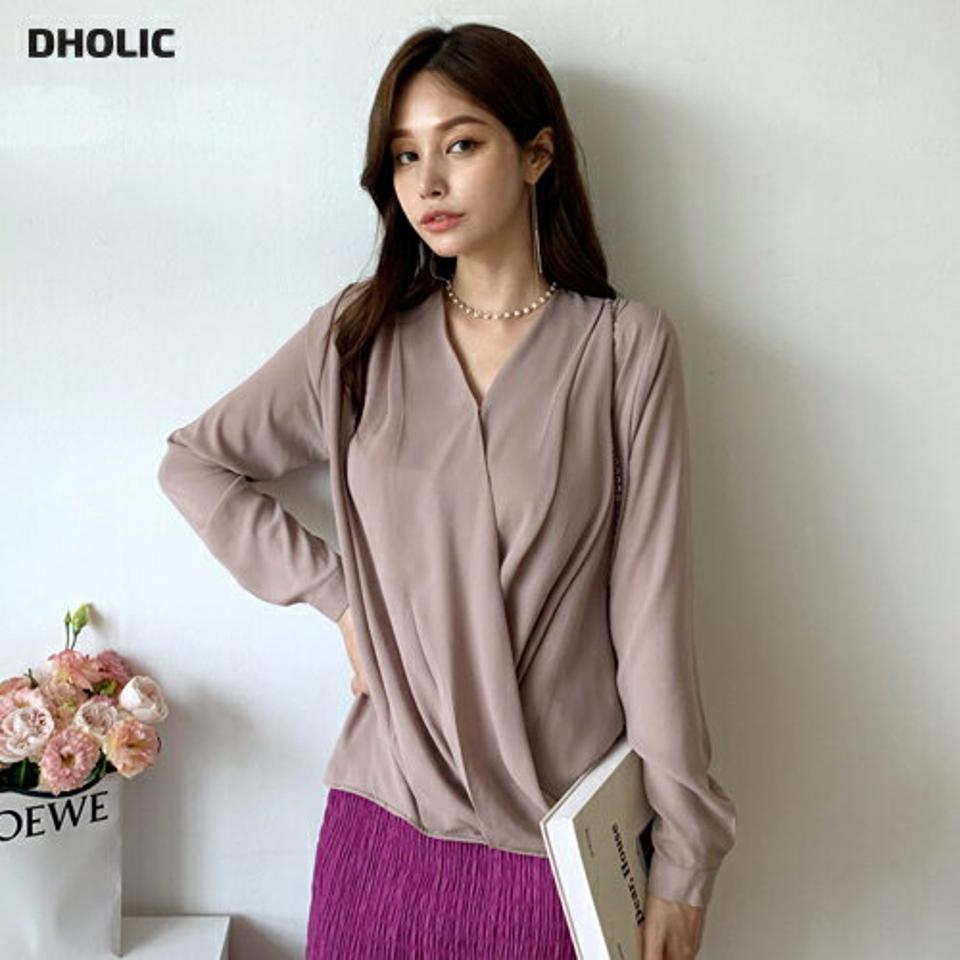 タックVネックボタンブラウス・全4色・b69616 レディース 【bl】トップス ブラウス 長袖 Vネック タック 単色 無地 シンプル 上品 きれいめ 大人 オフィスカジュアル 春 夏 韓国 ファッション ハイホリHIHOLLI