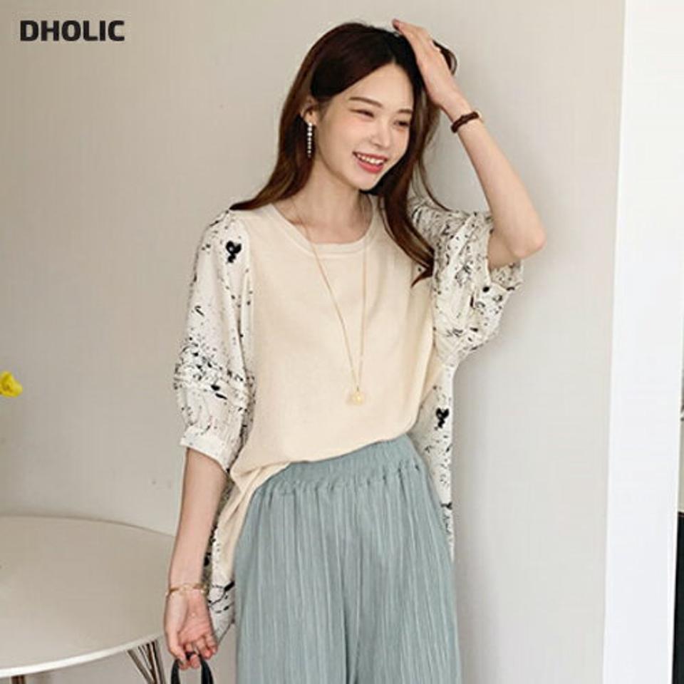 パターンコントラストニット・全3色・b69555 レディース 【tops】トップス ニット ニットトップス 半袖 ハーフスリーブ コントラスト 柄 パフスリーブ パフ袖 春 夏 韓国 ファッション ハイホリHIHOLLI