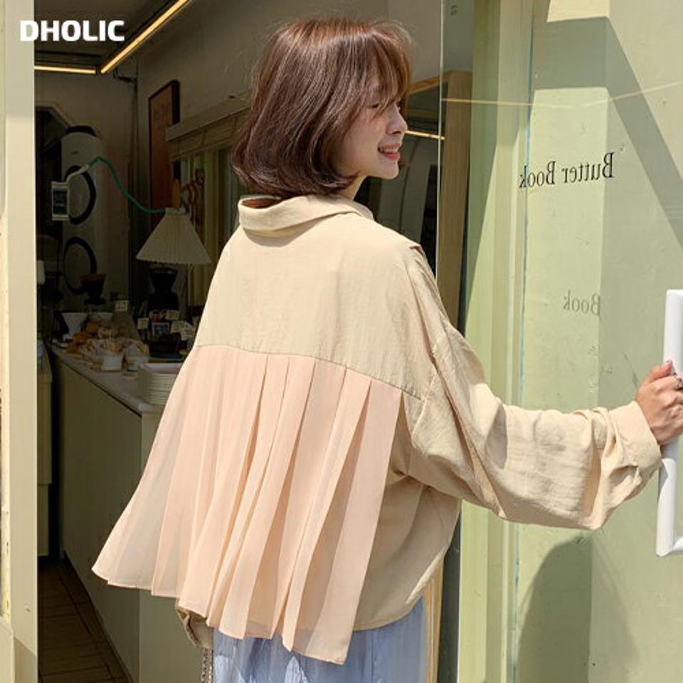 バックプリーツシャツ・全3色・b64525 レディース 【bl】韓国ファッション トップス シャツ 長袖 ナイロン ドライ プリーツ グロッシー クロップド丈 フェミニン 上品 スリム カジュアル 秋 夏 春