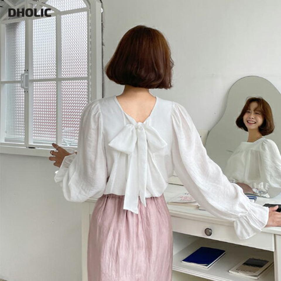 【タイム特価】バックリボンスクエアブラウス・全3色・t64523 レディース 【bl】韓国 ファッション トップス ブラウス 長袖 スクエアネック リボン バックリボン ギャザー ゴム パフスリーブ フェミニン 上品 スリム 秋 リボンブラウス 夏 春【TS】