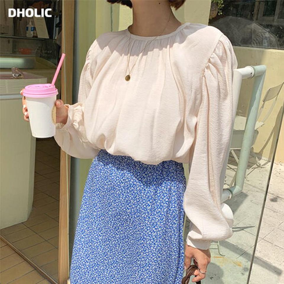 ギャザーラウンドブラウス・全2色・t64524 レディース 【bl】韓国ファッション トップス ブラウス 長袖 ラウンドネック ボタン ギャザー パフスリーブ フェミニン 上品 スリム 秋 オフィスカジュアル 夏 春