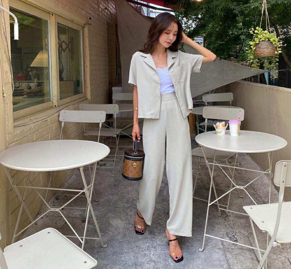 パフシャツ&ワイドスラックスSET・全3色・t64549 レディース 【pt】韓国ファッション ボトムス ロング ロングパンツ ストレート スラックス セット セットアップ シャツ スリム 体型カバー 細身 足長 着痩せ オフィスカジュアル オフィス 夏 春