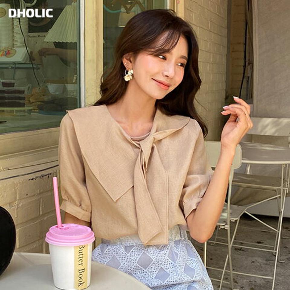 リボンブラウス・全3色・b64521 レディース 【bl】韓国 ファッション トップス ブラウス 半袖 リボン リボンネック ガーリー ラウンドネック パフスリーブ フェミニン 上品 スリム かわいい ガーリー 夏 春