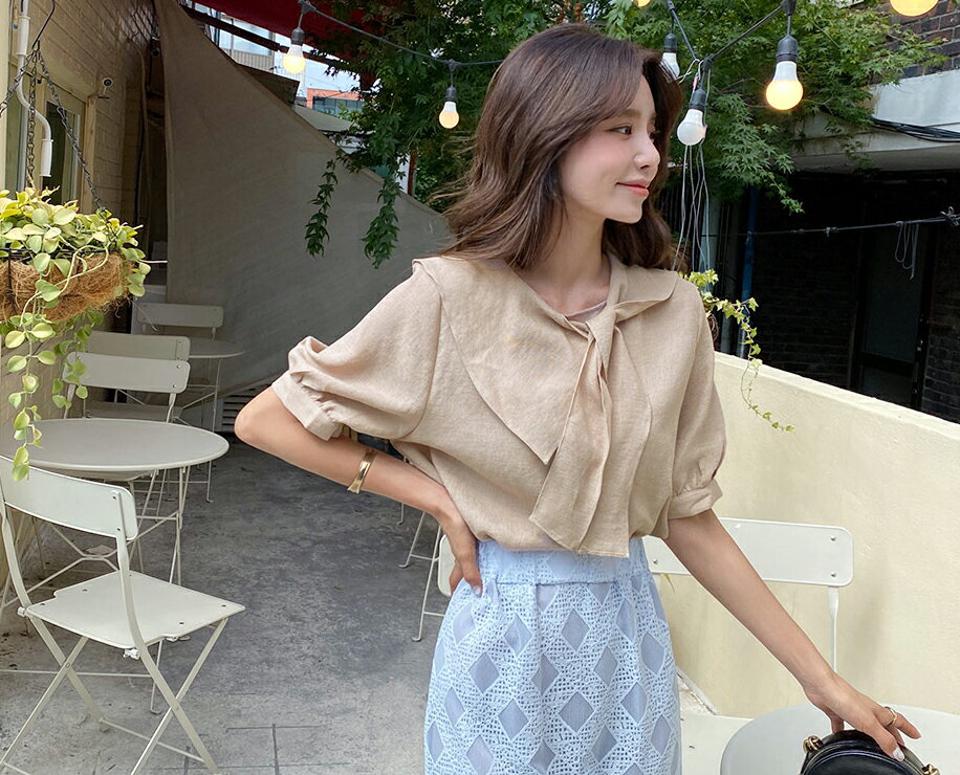 リボンブラウス・全3色・b64521 レディース 【bl】韓国 ファッション トップス ブラウス 半袖 リボン リボンネック ガーリー ラウンドネック パフスリーブ フェミニン 上品 スリム かわいい ガーリー 夏 春