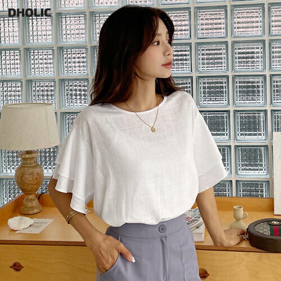 【新作10%OFF】ティアードスリーブブラウス・全3色・t64520 レディース 【bl】韓国 ファッション トップス ブラウス 半袖 フェミニン ラウンドネック フリル ボリューム 上品 オフィスカジュアル オフィス OL スリム 夏 春