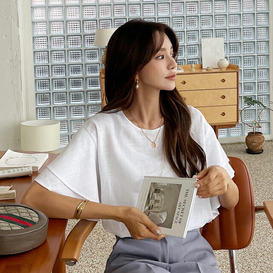 【新作10%OFF】ティアードスリーブブラウス・全3色・t64520 レディース 【bl】韓国 ファッション トップス ブラウス 半袖 フェミニン ラウンドネック フリル ボリューム 上品 オフィスカジュアル オフィス OL スリム 夏 春