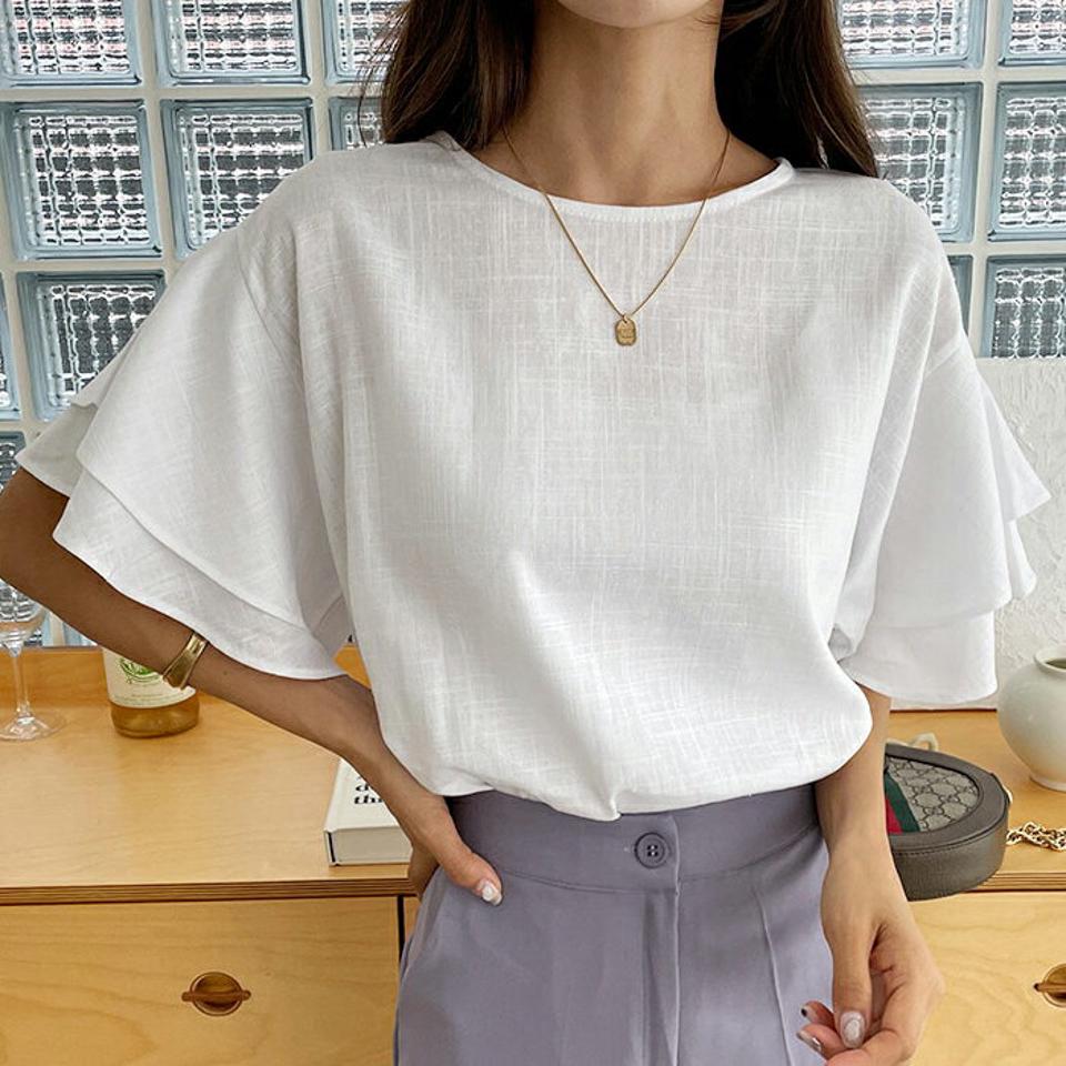 【新作10%OFF】ティアードスリーブブラウス・全3色・t64520 レディース 【bl】韓国 ファッション トップス ブラウス 半袖 フェミニン ラウンドネック フリル ボリューム 上品 オフィスカジュアル オフィス OL スリム 夏 春