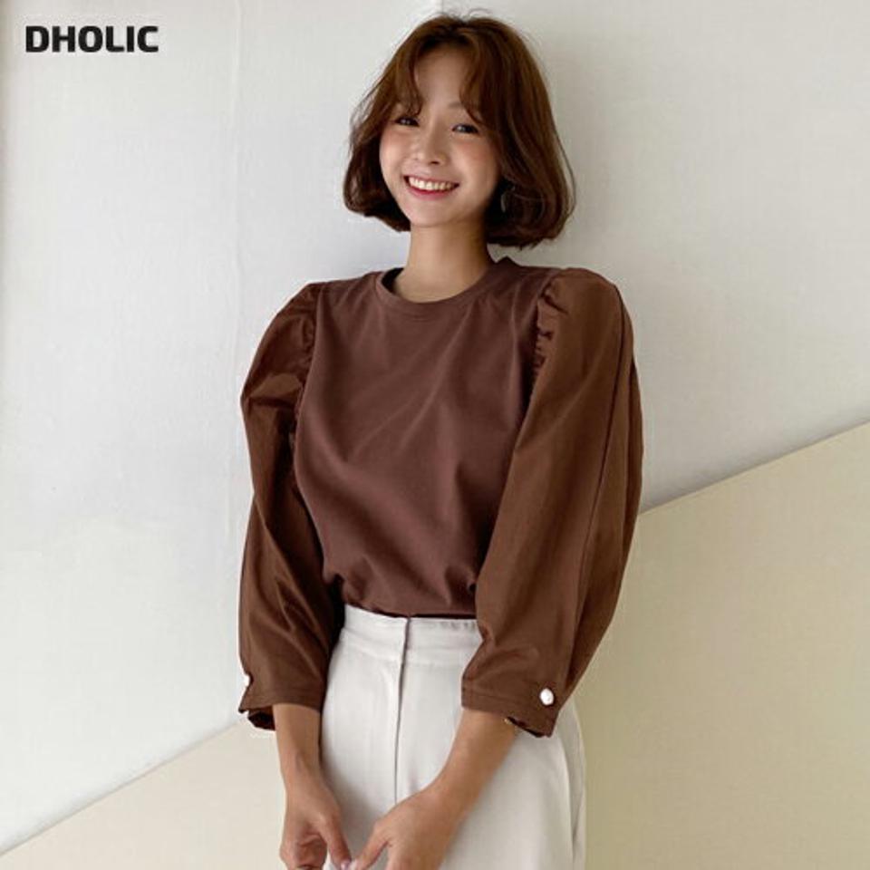 コントラストギャザーTシャツ・全3色・t64528 レディース 【tops】韓国 ファッション トップス Tシャツ 長袖 秋 ギャザー ラウンドネック 異素材 パフスリーブ パールボタン パール ルーズ ゆったり 体型カーバー デイリー 夏 春