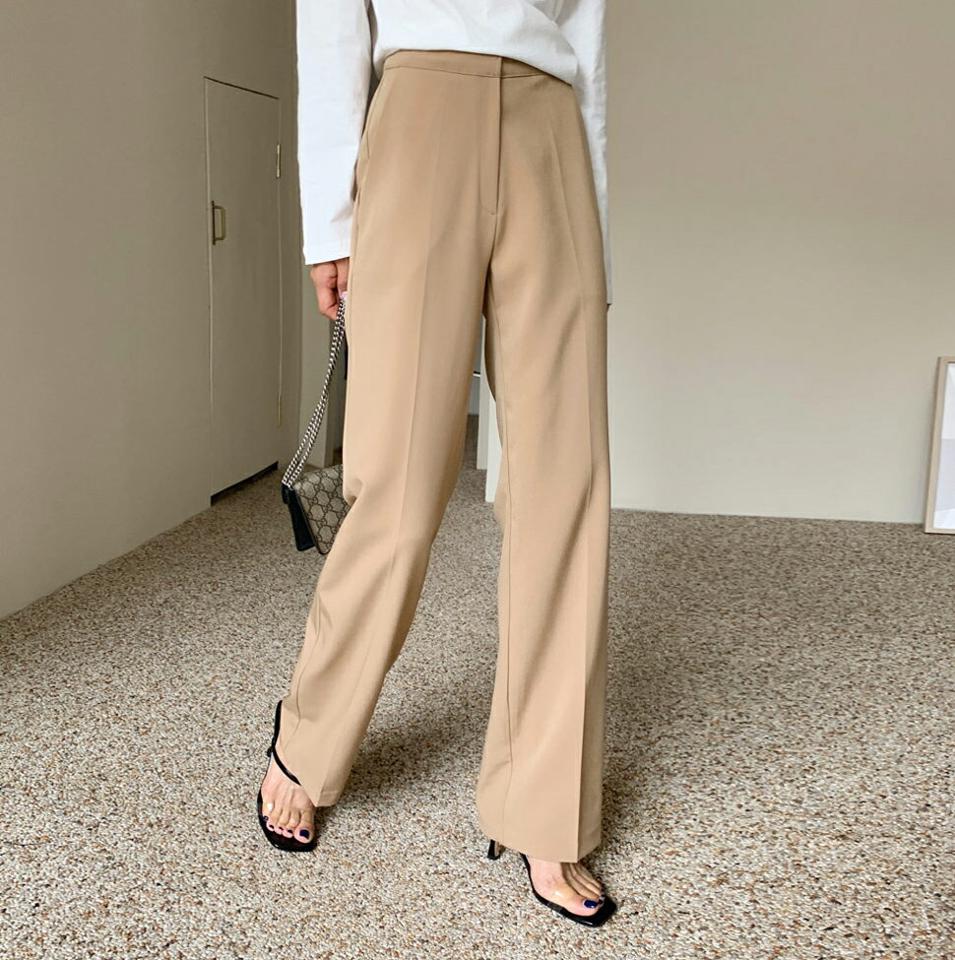 ストレートスラックスパンツ・全3色・b64546 レディース 【pt】韓国 ファッション ボトムス ロング ロングパンツ ストレート スラックス ゴム フィット スリム タイト 体型カーバー 細身 足長 着痩せ オフィスカジュアル オフィス 夏 春