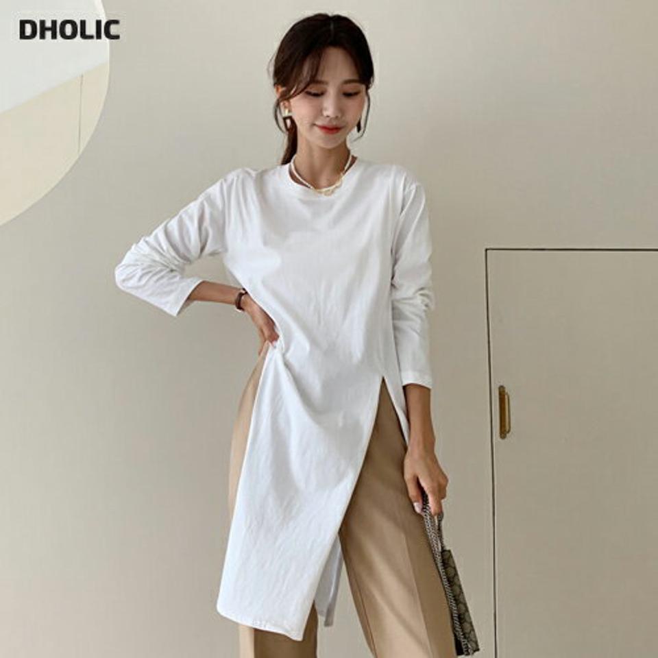 ルーズアンバランスTシャツ・全3色・t64554 レディース 【tops】韓国ファッション トップス Tシャツ 長袖 秋 アンバランス ルーズ ゆったり ロング ロングTシャツ ラウンドネック コットン 体型カーバー デイリー 夏 春